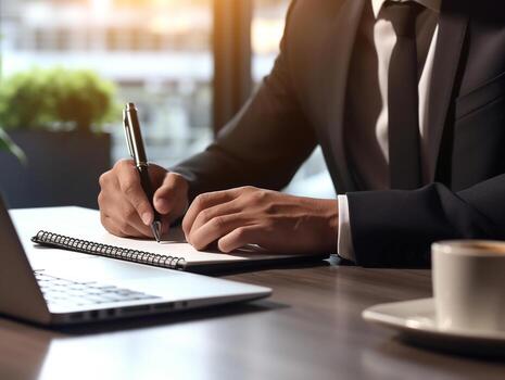 Businessman using notebook on table in the office background,Businessman working with notebook analytics and data,management System to make report connected to database,Business concept.Generative Ai. photo