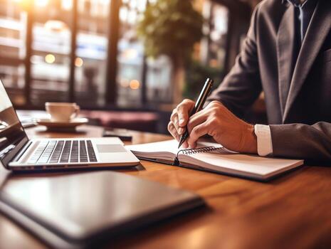 Businessman using notebook on table in the office background,Businessman working with notebook analytics and data,management System to make report connected to database,Business concept.Generative Ai. photo