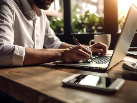 Businessman using notebook on table in the office background,Businessman working with notebook analytics and data,management System to make report connected to database,Business concept.Generative Ai. photo
