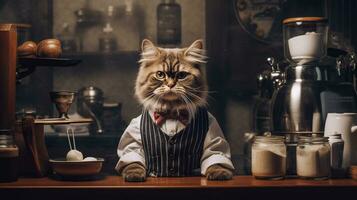 Cat dressed barista serving coffee in the coffee shop.Generative Ai. photo