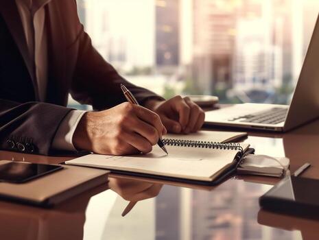 Businessman using notebook on table in the office background,Businessman working with notebook analytics and data,management System to make report connected to database,Business concept.Generative Ai. photo
