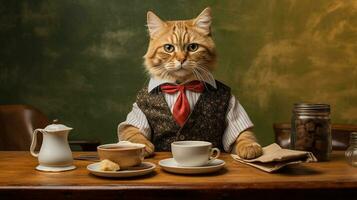 Cat dressed barista serving coffee in the coffee shop.Generative Ai. photo