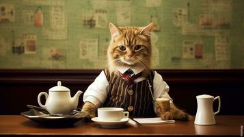 Cat dressed barista serving coffee in the coffee shop.Generative Ai. photo