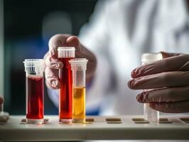 Close up scientist drops liquid chemical to test in lab.Generative Ai. photo