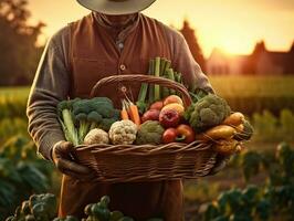 Gardener holds basket of harvested vegetables against  farm background .Generative Ai. photo