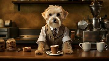 Dog dressed barista serving coffee in the coffee shop.Generative Ai. photo