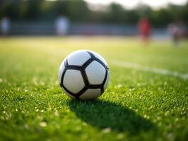 atención en el fútbol pelota en el centrar de el fútbol campo.generativo ai. foto