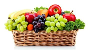 Set of fruit and vegetable basket containing grapes mango carrots apple bananas and tomatoes on white background .Generative Ai. photo