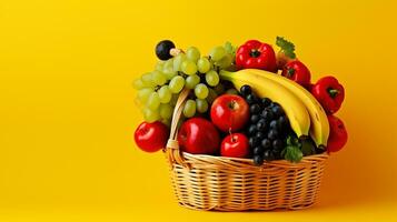 Set of fruit and vegetable basket containing grapes mango carrots apple bananas and tomatoes on white background .Generative Ai. photo