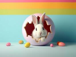 Rabbit peeks out hole in the white wall with colorful easter egg.Generative Ai. photo