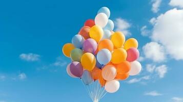 Bunch of colorful balloons with float on a blue sky background.Generative Ai. photo