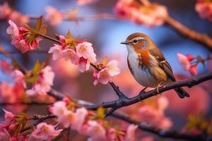 Beautiful bird sitting on the tree branch with sakura flower background.Generative Ai. photo