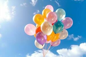 Bunch of colorful balloons with float on a blue sky background.Generative Ai. photo