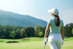 Golfer playing golf on the course with blue sky.Generative Ai. photo