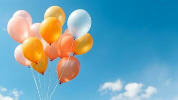 Bunch of colorful balloons with float on a blue sky background.Generative Ai. photo
