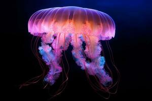 Huge jellyfish glows in the depths of the sea.Generative Ai. photo
