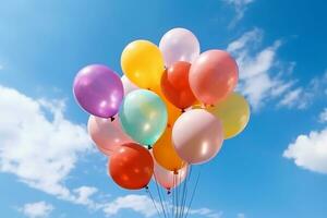 Bunch of colorful balloons with float on a blue sky background.Generative Ai. photo