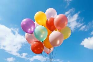 manojo de vistoso globos con flotador en un azul cielo fondo.generativo ai. foto