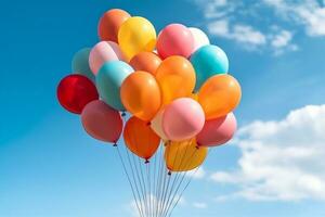 Bunch of colorful balloons with float on a blue sky background.Generative Ai. photo