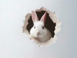 Rabbit peeks out hole in the white wall with colorful easter egg.Generative Ai. photo