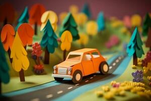 Paper art car on the road.Generative Ai. photo
