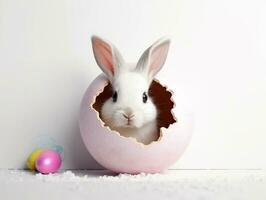 Rabbit peeks out hole in the white wall with colorful easter egg.Generative Ai. photo