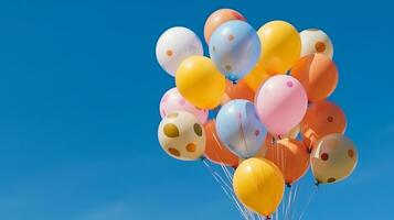 Bunch of colorful balloons with float on a blue sky background.Generative Ai. photo