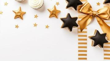 Beautiful empty greeting card star,ribbon,cupcake on white background.Generative Ai. photo