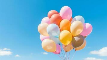 Bunch of colorful balloons with float on a blue sky background.Generative Ai. photo