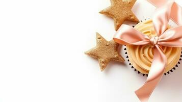 Beautiful empty greeting card star,ribbon,cupcake on white background.Generative Ai. photo