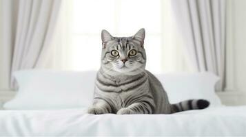 American Shorthair cat sits on white bed.Generative Ai. photo