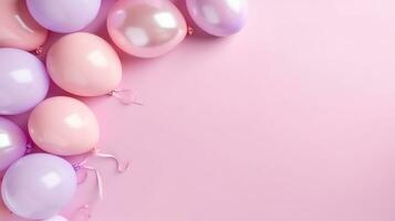 Pastel pink background with colorful balloons,copy space,birthday or party greeting card.Generative Ai. photo