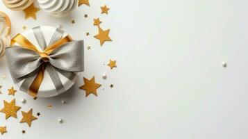 Beautiful empty greeting card star,ribbon,cupcake on white background.Generative Ai. photo