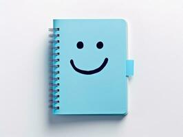 Blue notebook sheet with smiley magnet on white background.Generative Ai. photo