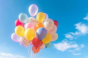 Bunch of colorful balloons with float on a blue sky background.Generative Ai. photo