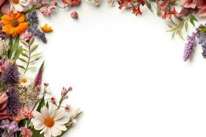 vacío de hermosa flores en marco con blanco fondo.generativo ai. foto
