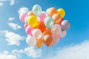 Bunch of colorful balloons with float on a blue sky background.Generative Ai. photo