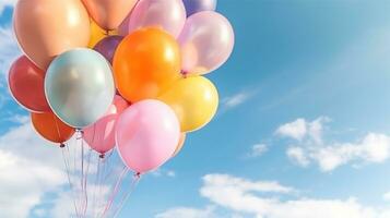 Bunch of colorful balloons with float on a blue sky background.Generative Ai. photo