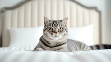 American Shorthair cat sits on white bed.Generative Ai. photo