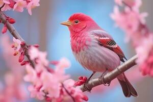 Beautiful bird sitting on the tree branch with sakura flower background.Generative Ai. photo