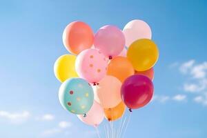 Bunch of colorful balloons with float on a blue sky background.Generative Ai. photo