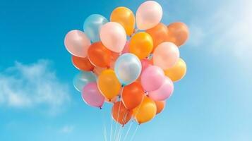 manojo de vistoso globos con flotador en un azul cielo fondo.generativo ai. foto