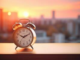 Close up alarm clock on the table,pillow,bedroom backgroud.Generative Ai. photo