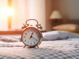 Close up alarm clock on the table,pillow,bedroom backgroud.Generative Ai. photo