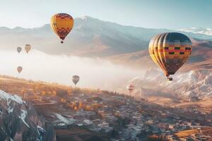 Colorful hot air balloons float over mountain with blue sky.Generative Ai. photo
