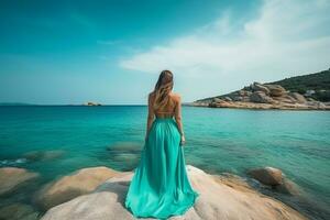 Beautiful woman in dress standing on rock with beautiful sea background.Generative Ai. photo