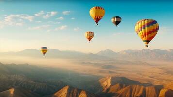 Colorful hot air balloons float over mountain with blue sky.Generative Ai. photo