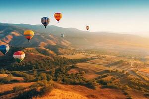 Colorful hot air balloons float over mountain with blue sky.Generative Ai. photo