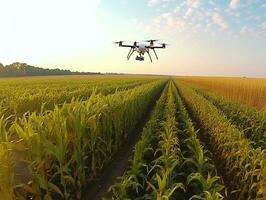 Farmers use drones to monitor the quality of green corn.Generative Ai. photo