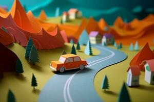 Paper art car on the road.Generative Ai. photo